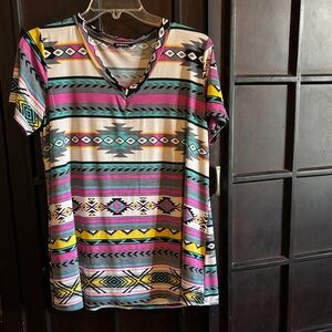 HEIMISH USA Multicolor Aztec Print Short Sleeve Top soft polyester stretch